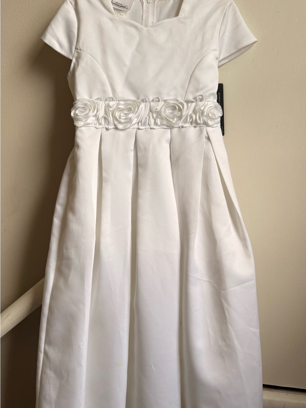 Girls' White Satin Rosette Waist Formal Dress